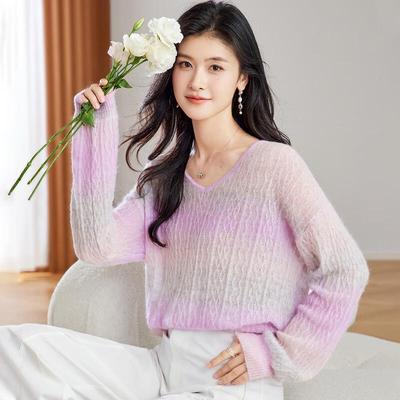 Jinjv Damen Pullover mit Farbverlauf und V-Ausschnitt aus Woll- und Alpakamischung
