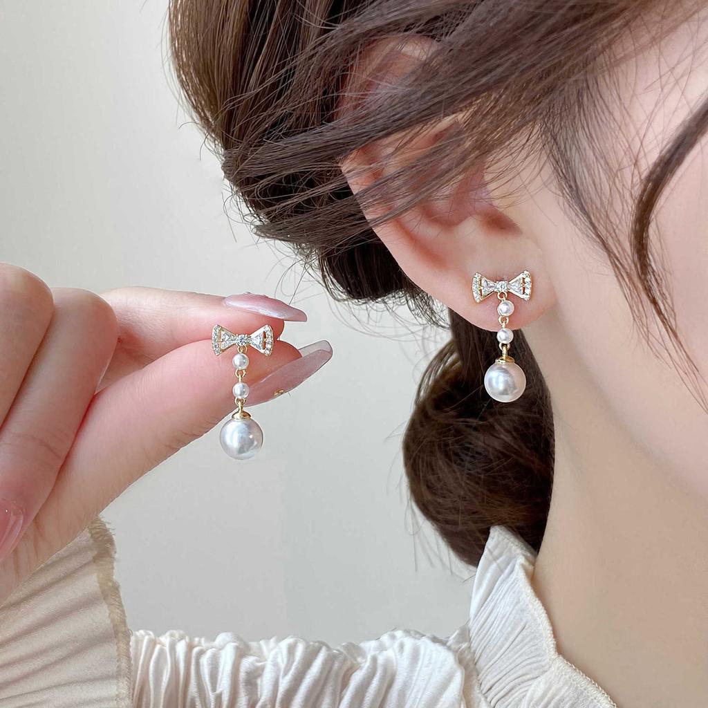 Bow pearl zircon stud earrings femininity is now popular earrings niche design earrings