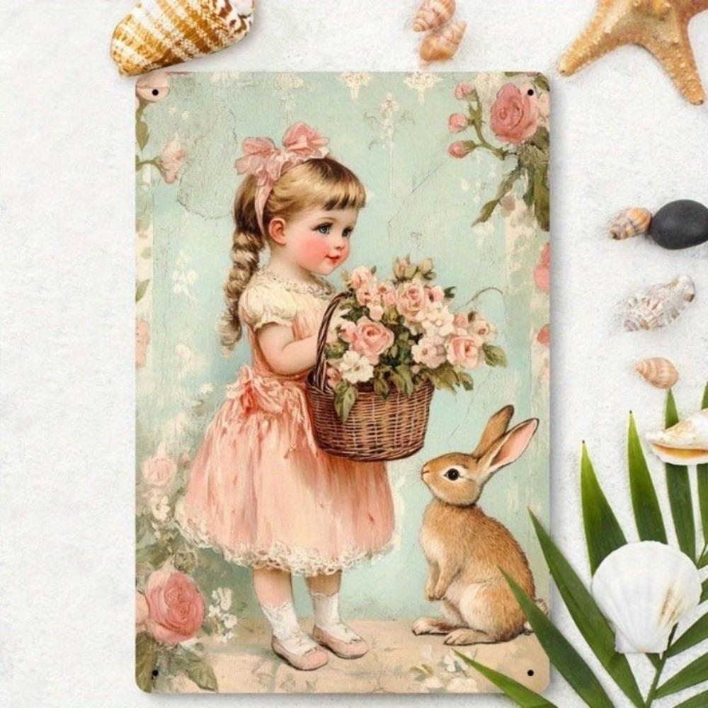 Vintage Metal Poster Rabbit Girl 8x12 Inch Tin Sign Wall Art Decor