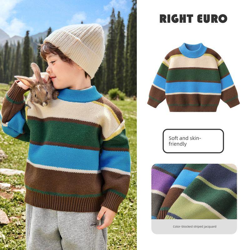 Правый Европейский Стиль Мальчишеский Свитер с Воротником-стойкой Полосатый Пуловер Вязаный Изделие Детская Одежда для Малышей Зимняя Одежда Осень и Зима Детская Одежда Верх Blue 90cm