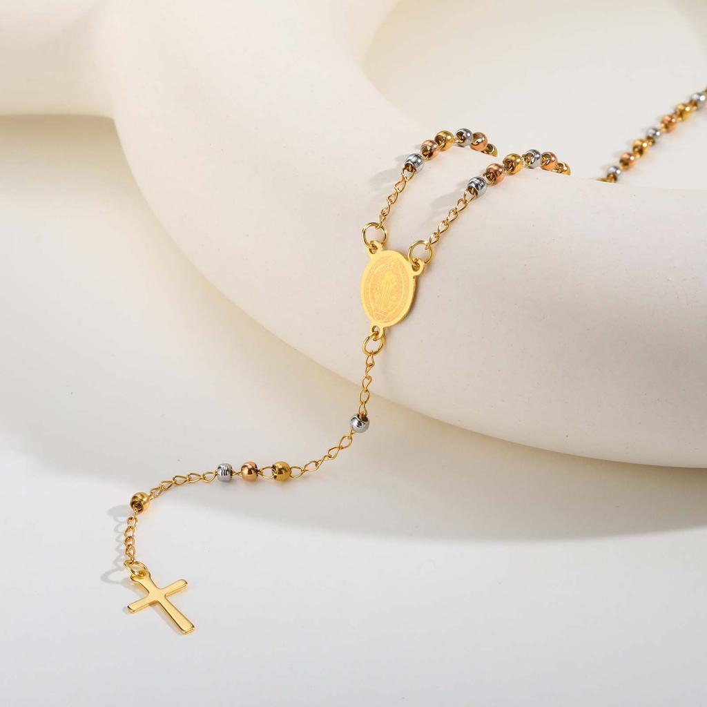 Prjewel Stainless Steel Virgin Vrand Three-Color Beaded Y-Shaped Necklaces for Women The Holy Spirit Cross Pendant Necklace New