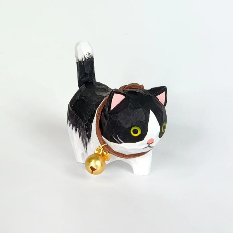 Wooden Handcrafted Carved Cat Figurine Cute Bell Desk Decor For Gifts And Home Office