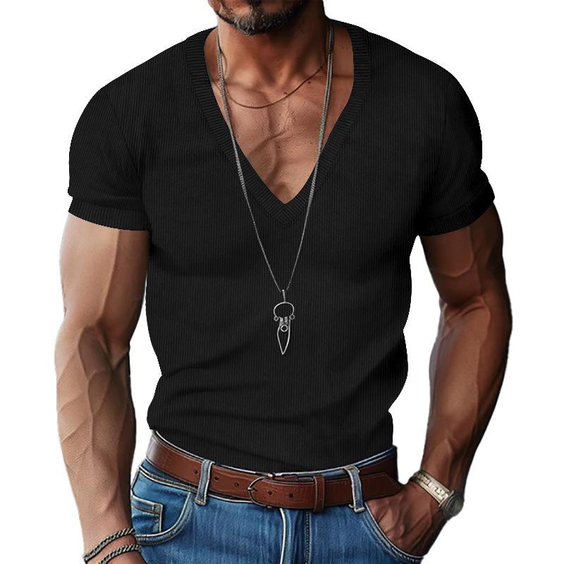 Men's Fashion V-Neck Knitted Shirt Solid Color Short Sleeved Textured T-shirt Pullover