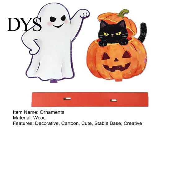 Hand Painted Holiday Tabletop Statues Halloween Wooden Ghost And Pumpkin Black Cat Ornaments, Retro Creative Home Ornaments Cartoon Centerpiece