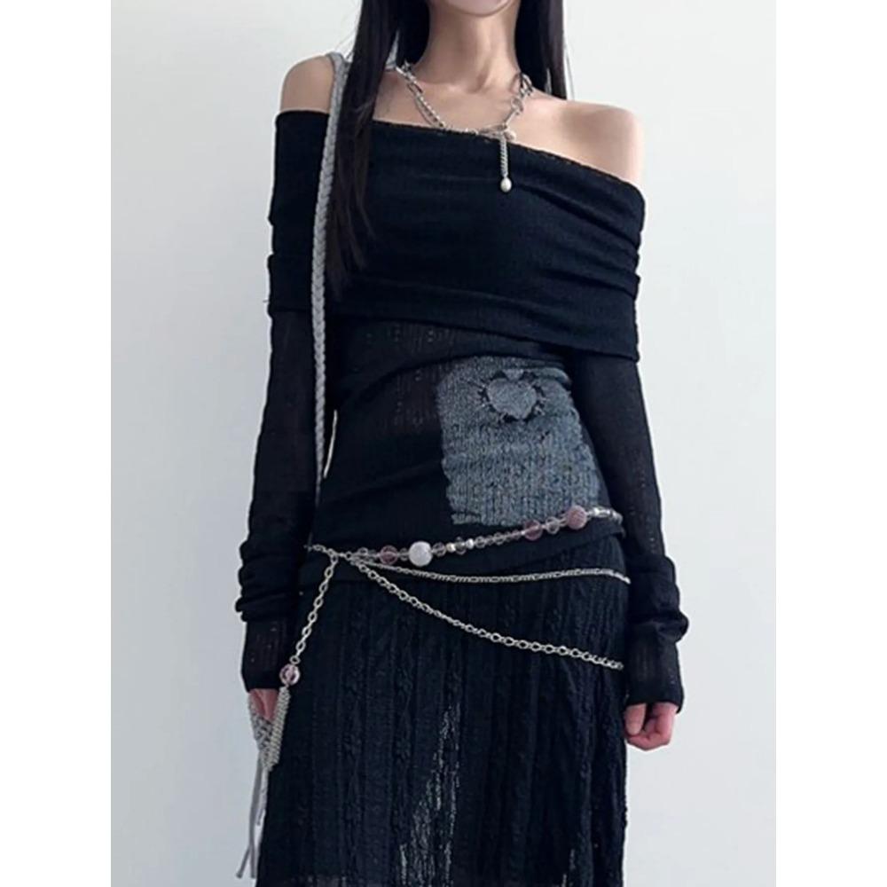 

VAYLA See Through Dark Printed T Shirt Casual Slash Neck Long Sleeve Tees Women Fashion Streetwear Ladies L чёрный