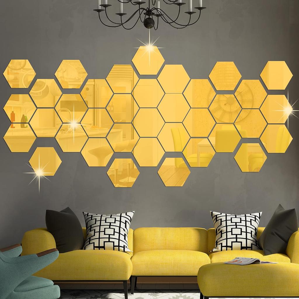 36Pcs Acrylic Hexagon Mirror Decals DIY 3D Geometric Mirror Art Setting Wall Decor for Bedroom, Living Room, Office, Kitchen