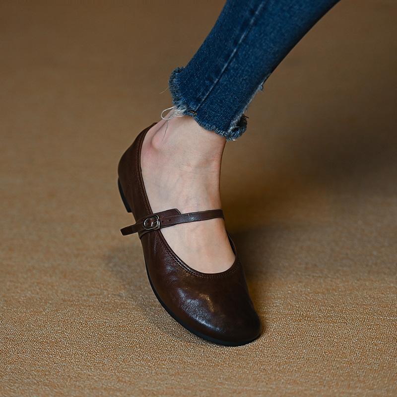 Fashion 2025 New Spring Women Flats Round Toe Women Shoes Fashion Flat Heels Mary Janes Ladies Shoes Genuine Leather Retro Brown Shoes