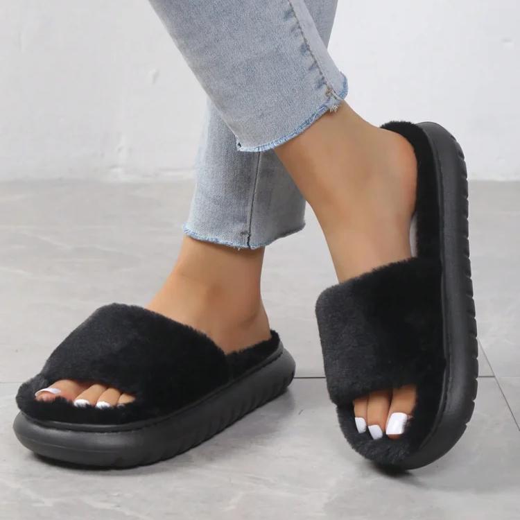 Classic Slippers for Women Casual Flat Low Heels Sweet Basic Shoes for Women Solid Fur Slip On Winter Slides Plus Size