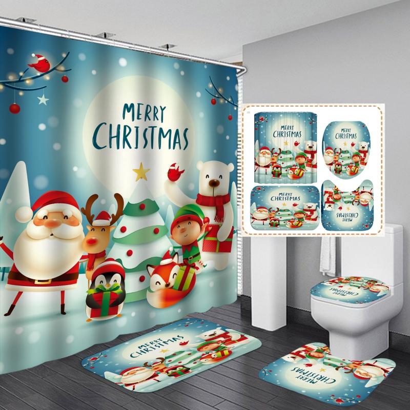 Christmas Bathroom Shower Curtain 4Pcs Set Snowman Santa Claus Pattern Waterproof Shower Curtain Toilet Cover Mat Non Slip Rug