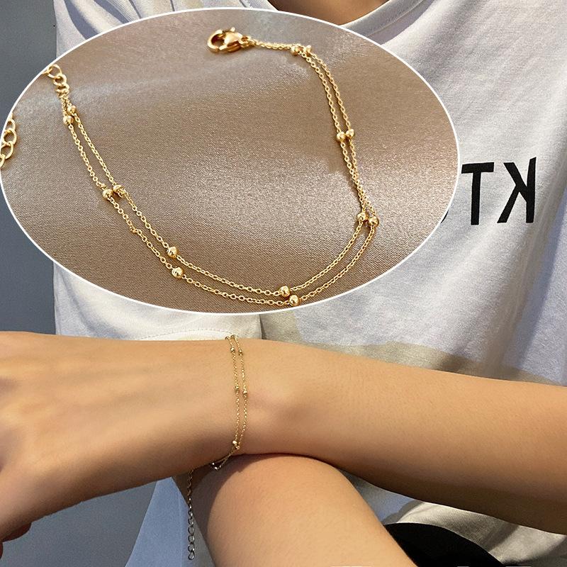 Fashionable 925 Silver Gold Small Round Bead Bracelet For Women's Retro Double-Layer Bracelet Birthday Jewelry Gift