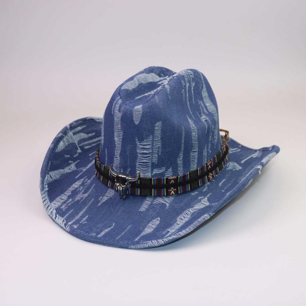 Classic Bull Head Webbing Western Denim Hat European and American Style Personality Versatile Big Eaves Curved Eaves One-word Gentleman's Top Hat