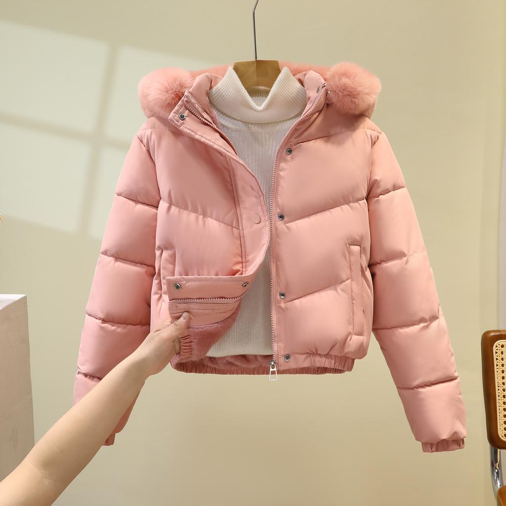 2025 winter new big fur collar cotton clothes women's Korean version slim fit small with thickened hooded jacket