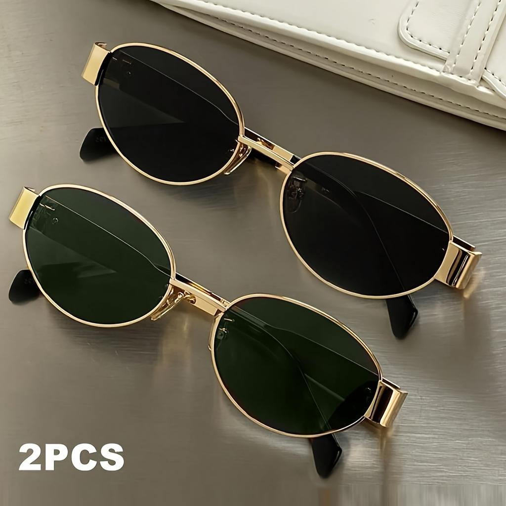 2 Pairs Fashionable and Trendy Eyewear Set, Retro Oval Metal Frame Travel Glasses Suitable for Both Men and Women