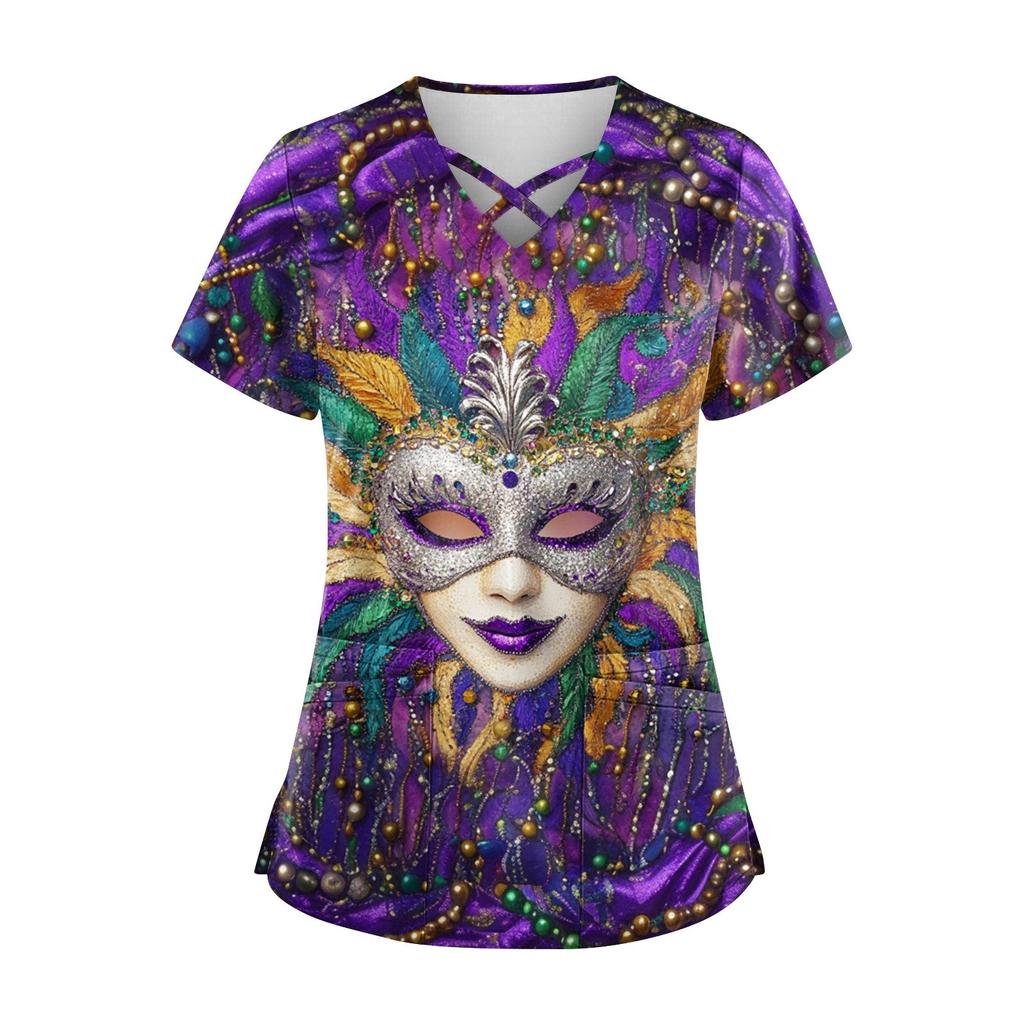 Women's Short Sleeve Stagger V Neck Carnival Print Pocket Dry-nurse Top