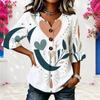Womens Plus Size V Round Neck Mid Sleeve Front Button Trendy Casual Loose Everyday Ladies Blouse