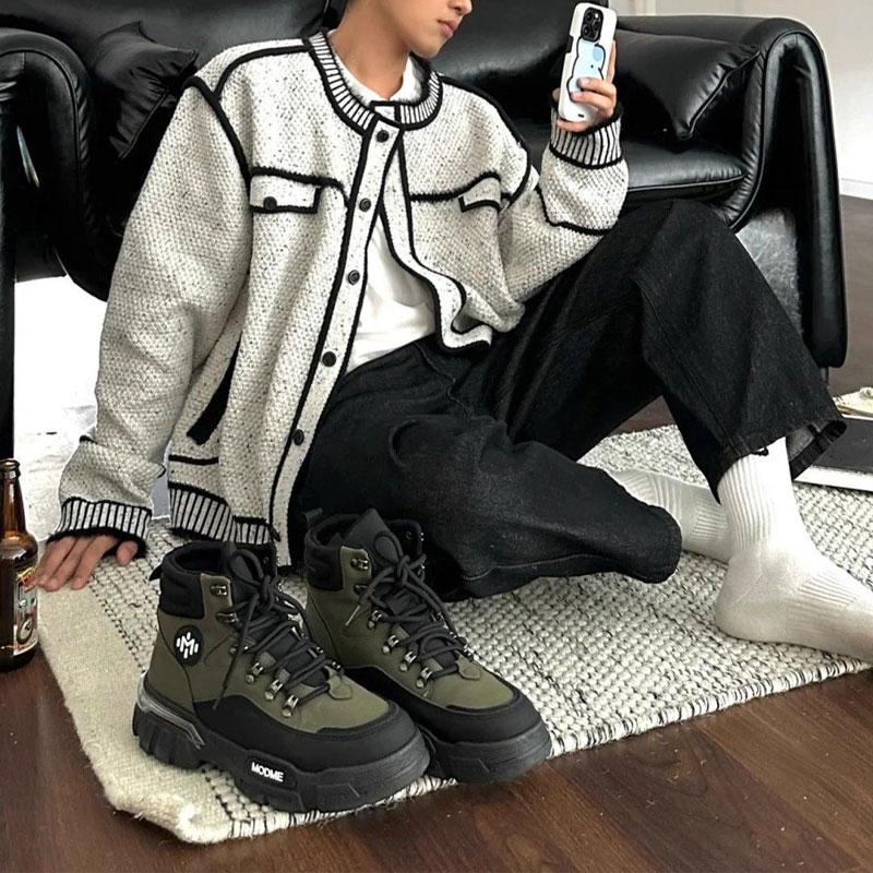 

Men s Grey & Black Contrast Trim Knit Cardigan Loose Fit Casual Button Up Sweater Jacket L білий