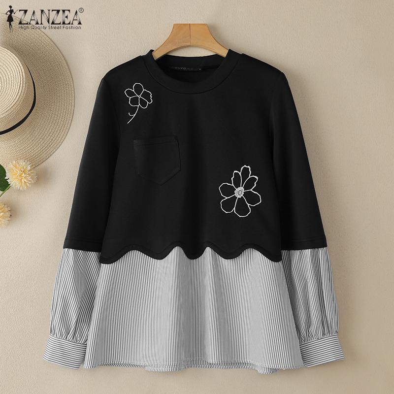 ZANZEA Women Casual Long Sleeve Stripe Patchwork Pullover Sweatshirt