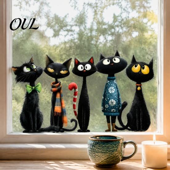 Waterproof Pvc Window Film Halloween Cartoon Black Cat Static Sticker, PVC Decorative Seasonal Glass Stickers Decal, Clings for Living Room