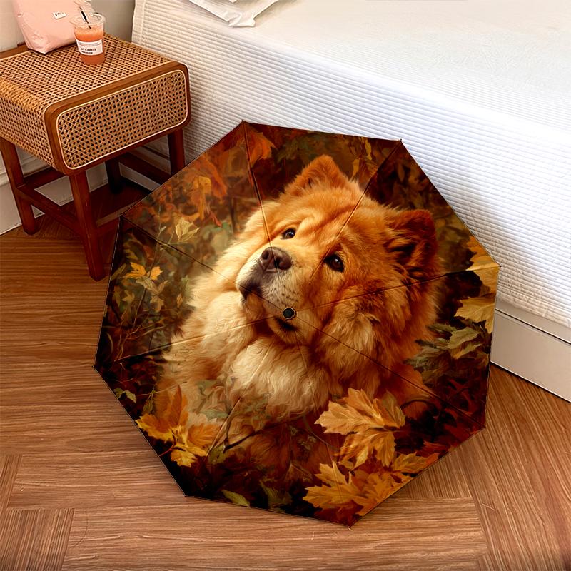 Chow Chow and Leaves Pattern, Automatic Folding Umbrella, Portable and Foldable Design, 8 Ribs, a Christmas or Birthday Gift.
