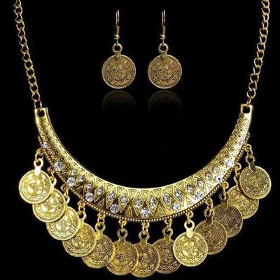 Vintage Antique Coin Statement Choker Chain Hoop Σκουλαρίκια Κολιέ Σετ Κοσμήματα