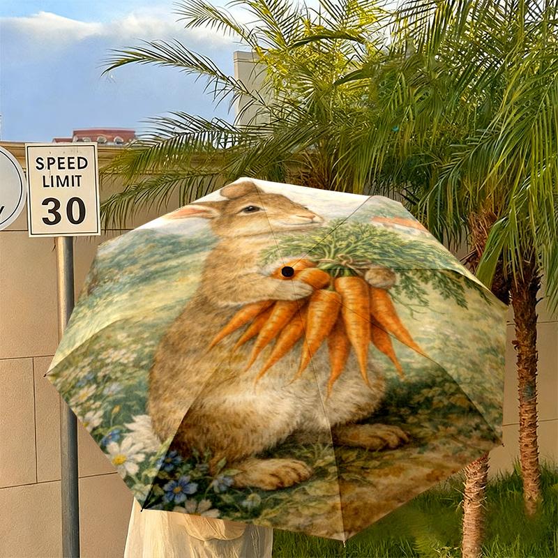 1PC Rabbit Carrots Garden Scene Automatic Umbrella - Suitable Travel Outdoor Portable Umbrella Birthday Gift Daily Essentials