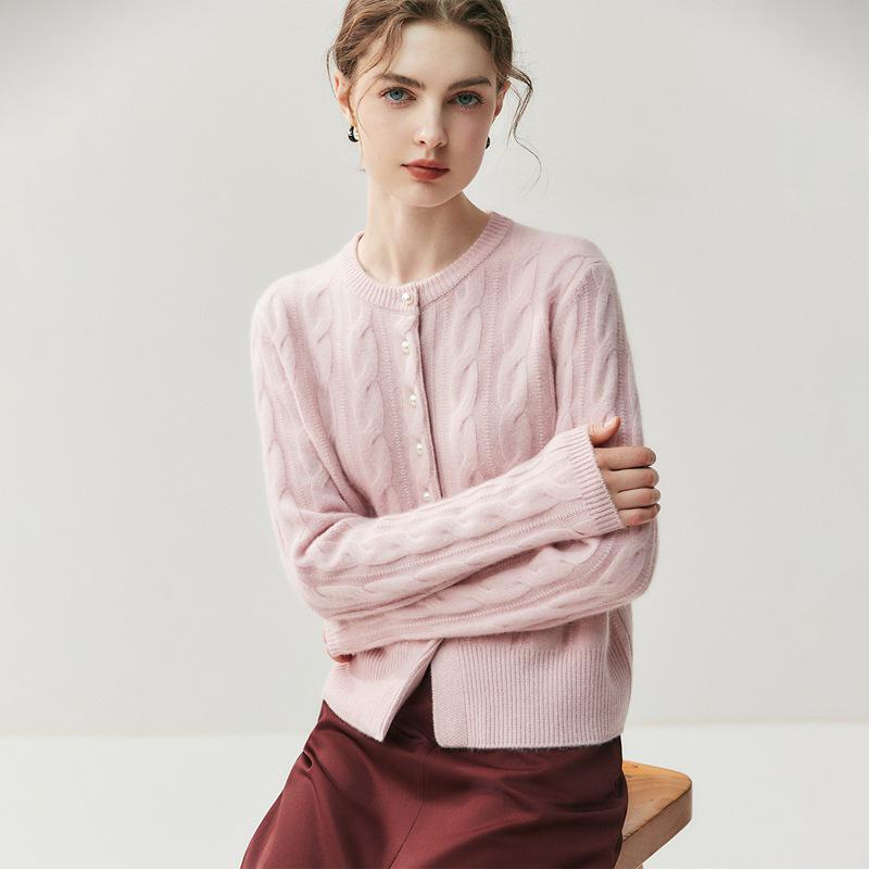 Dames 100% Kasjmier Kabelgebreid Vest - Ronde Hals, Parelknopen, Effen Kleur, Perfect voor Herfst en Winter