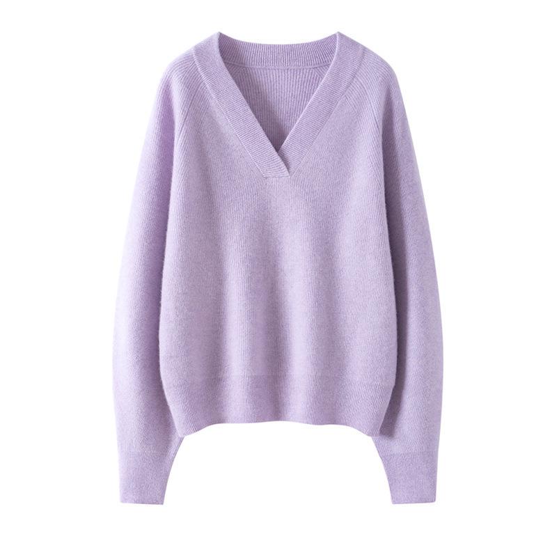 Women's V-Neck Cashmere Sweater - Loose Fit, Solid Color, Thick Knit for Autumn