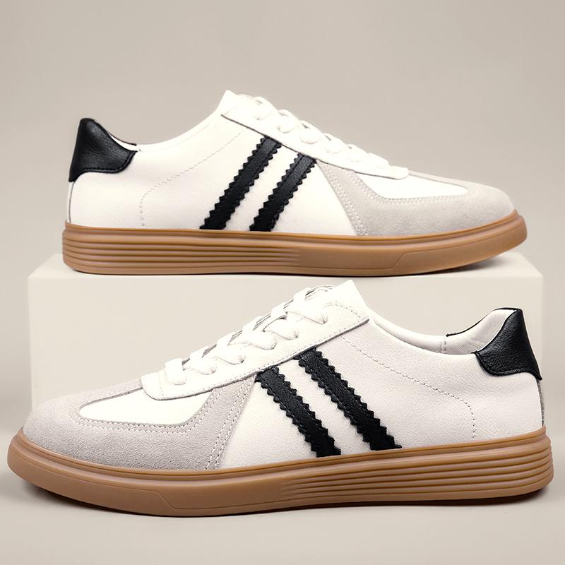 Men'S Beige Black Striped Retro Sneakers Leather Suede Casual Platform Skate Shoes Non-Slip Comfortable Trainers