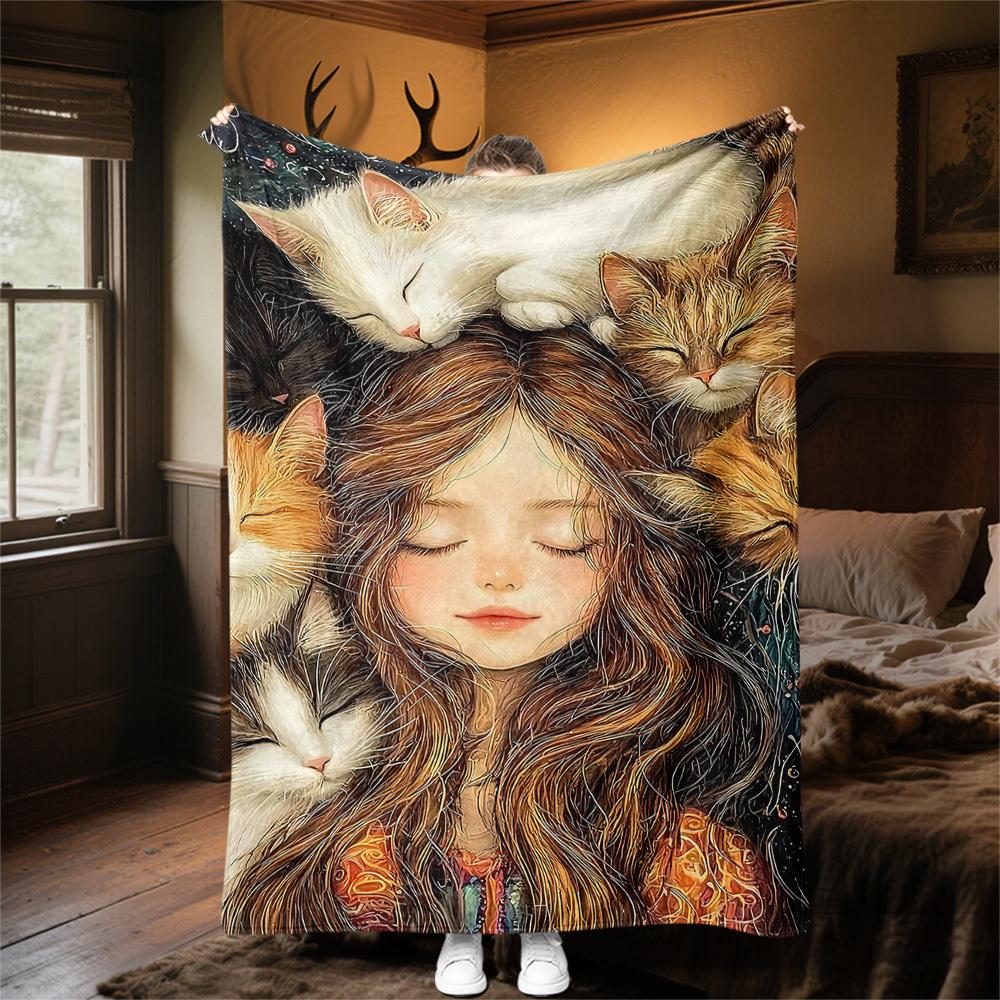 1pc Girl Cats Outdoor Flannel Blanket Soft Warm All-Season Throw for Sofa Bed Car Camping Office, Cozy Gift Idea1145S