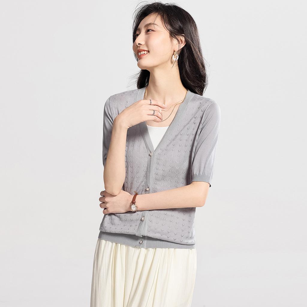 Hollow out knitted sweater with mulberry silk V-neck, casual, fashionable, versatile, thin short sleeved, women's small cardigan shawl