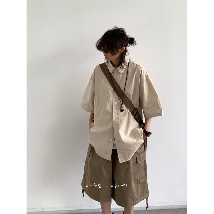 Hong Kong Style Retro Short Sleeved Shirt Men's Summer Japanese Loose Workwear Casual Five Quarter Sleeved Top Jacket