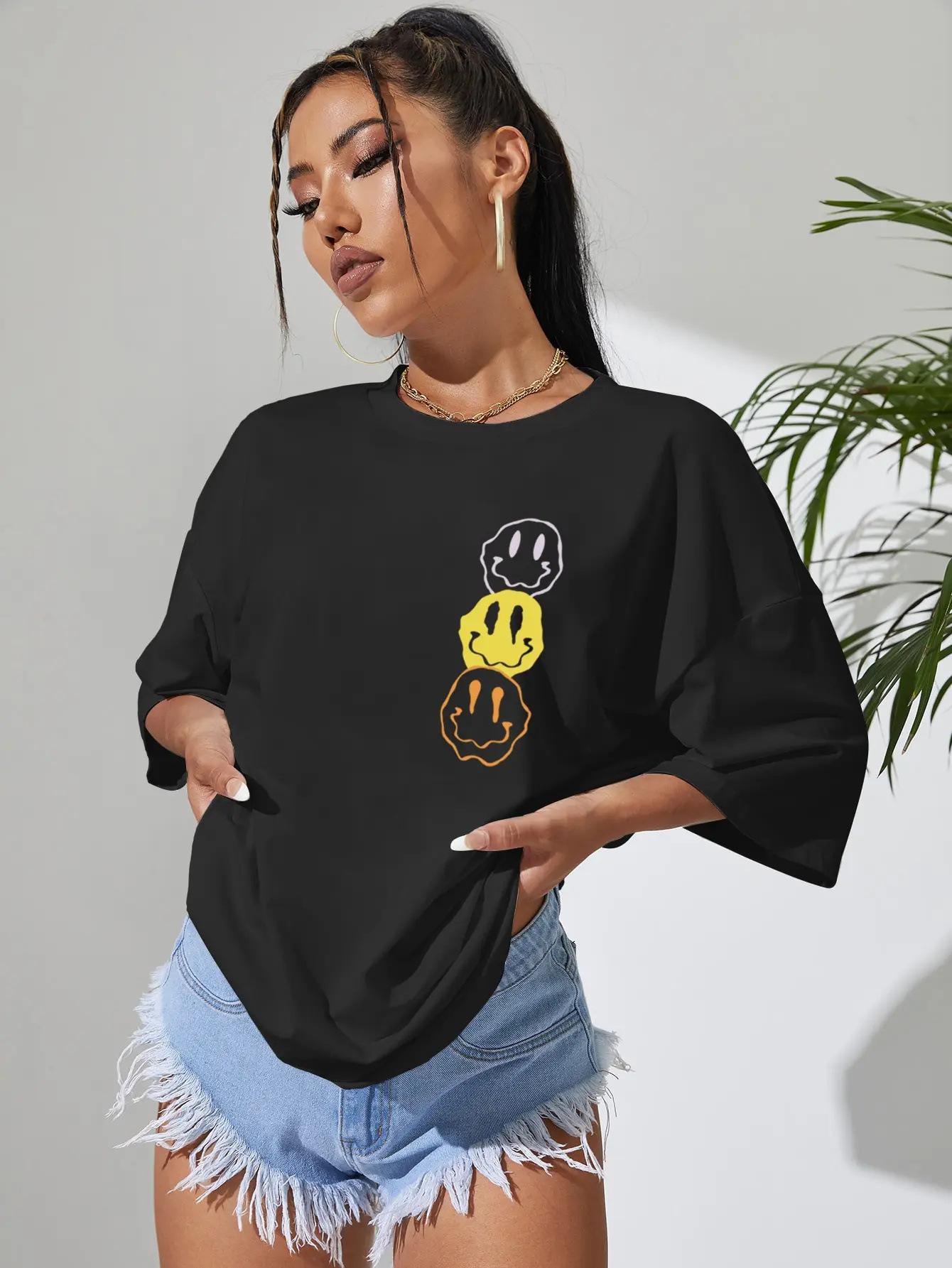

European and American T-shirts, simple smiley face printing pattern T-shirts, comfortable personalized street tops, fashionable women s clothing S