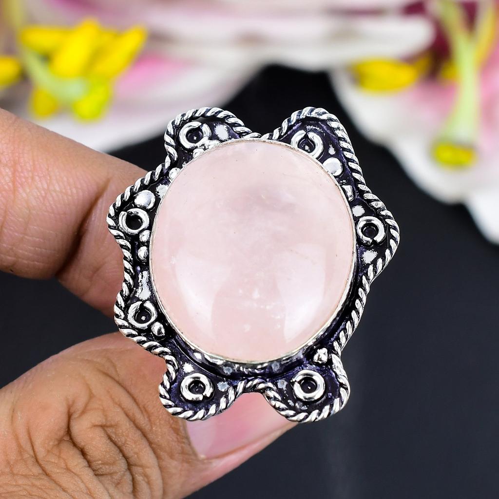 Rose Quartz Gemstone Handmade 925 Sterling Silver Jewelry Ring Size 10 KG-1699