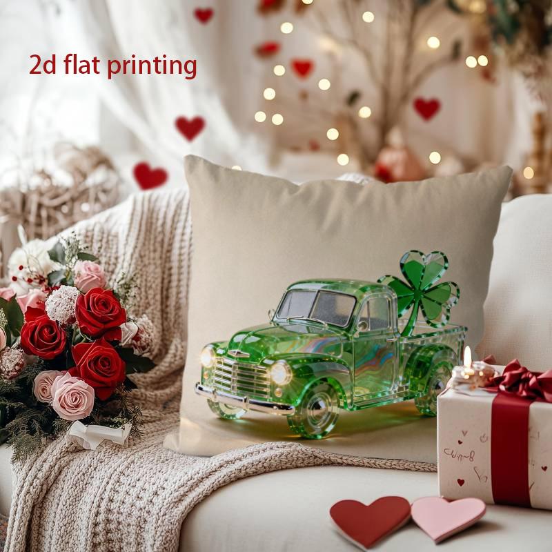 

Vintage Green Truck with Shamrock Decorative Pillow Cover Pattern Cushion Cover Suitable for Sofa Bedroom Car Pillow Cover 16x16Inch
