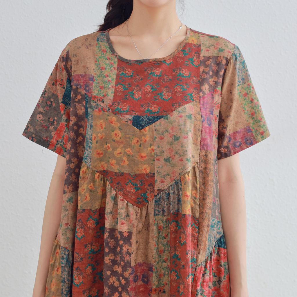 DIMANAF 2025 Women Plus Size Summer Dress Casual Floral Dress Basic Vintage Loose Long Dress Maxi