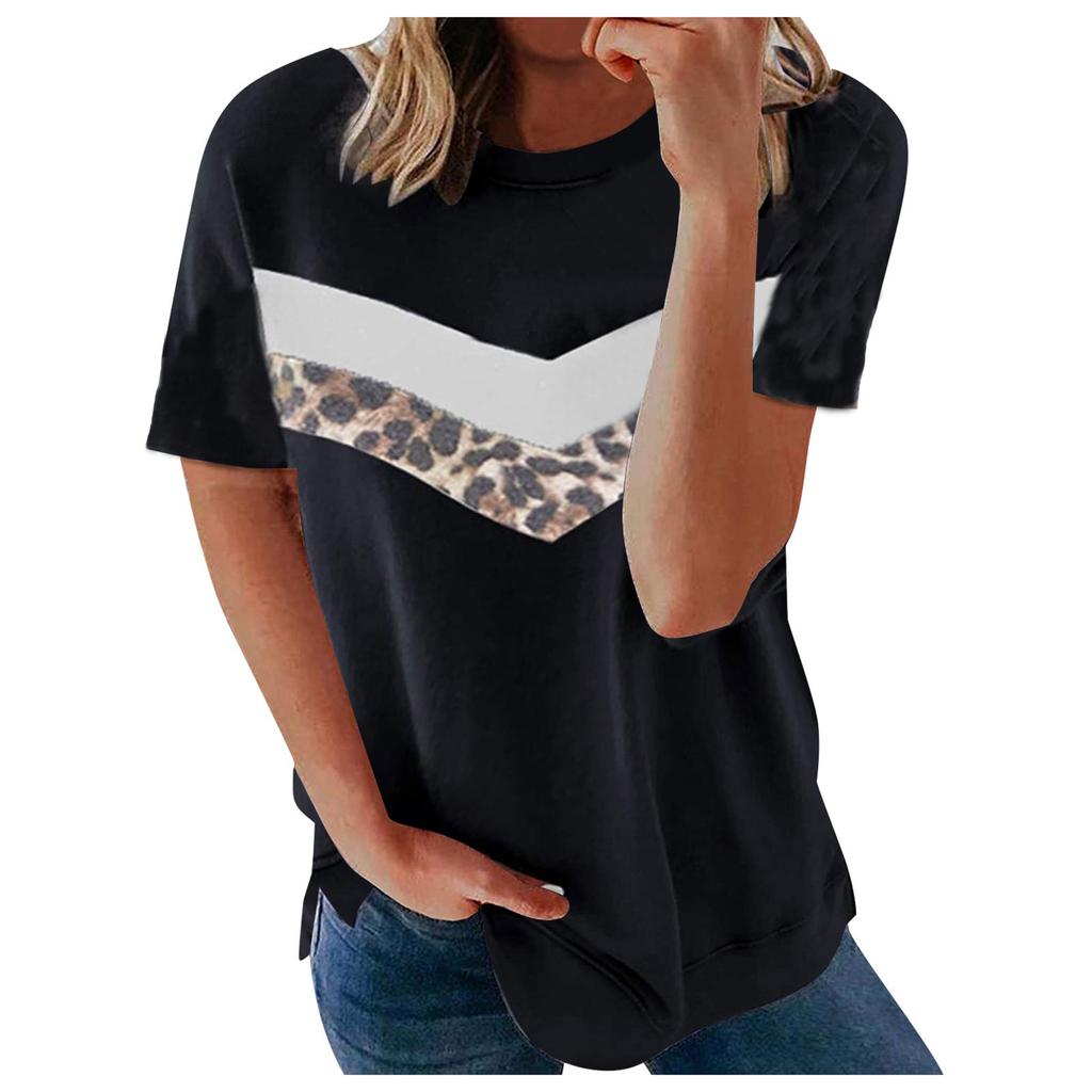 Women's Casual Fashion Short-Sleeved Stitching Round Neck Pullover Thin T-shirt