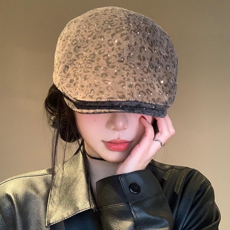Retro Spice Girl Leopard Print Beret American Style Face Small Fashion Versatile Forward Hat Personality Peaked Hat