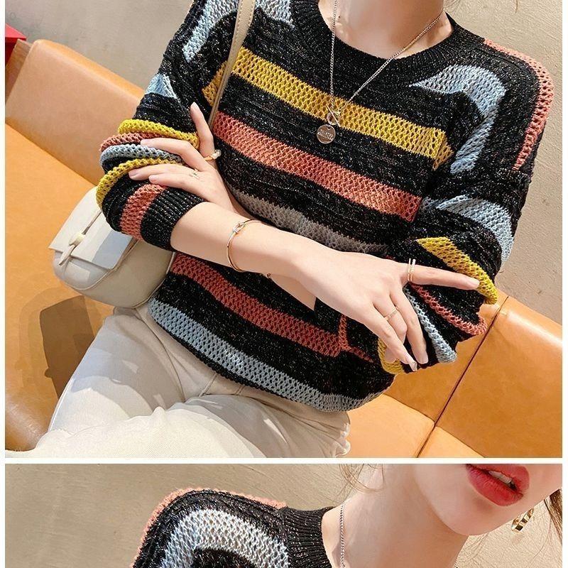 Maglione da Donna Largo Moda Coreana Lavorato a Maglia Autunno Primavera Pullover a Righe Traforato Streetwear Girocollo Abbigliamento Femminile