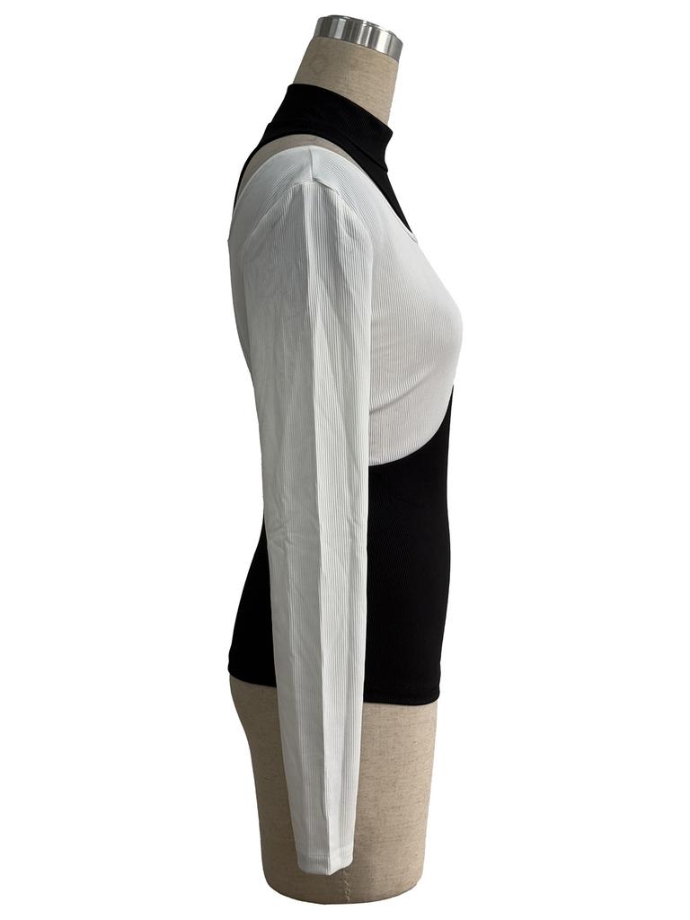 Color Block Patchwork Stand Collar T Shirt Slim Flattering Long Sleeve Top Women Commute Patch Design Fashion Casual Slim Fit Ladies Elegant Top