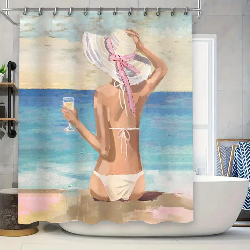 

Elegant Beach Style Shower Curtain With Sun Hat And Cocktail For Relaxing Bath Experience - Waterproof And Durable Elevate Space W60H190(CM)-1 Pcs