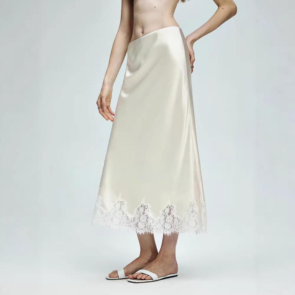 Glossy Satin French Lace Trim Midi A-line Skirt with Elastic Waist