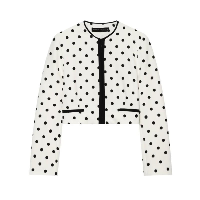 Womens Polka Dot Blazer Jacket - Round Neck Long Sleeve Single-Breasted Office Chic Coat