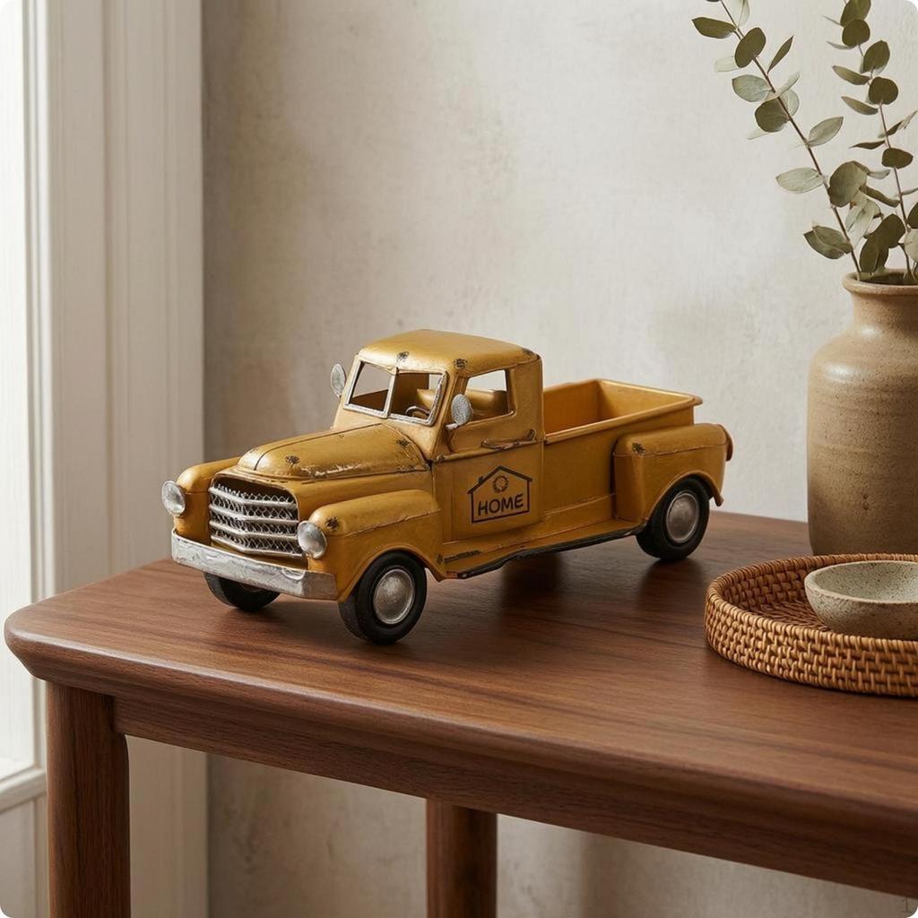 Pickup Truck Ornament Distressed Finish Metal Vehicle Model Handcrafted Yellow