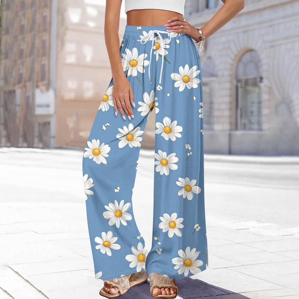 Damen Bedruckte Weitbeinige Hosen mit Taschen Hohe Taille Kordelzug Lockere Freizeit-Hosen