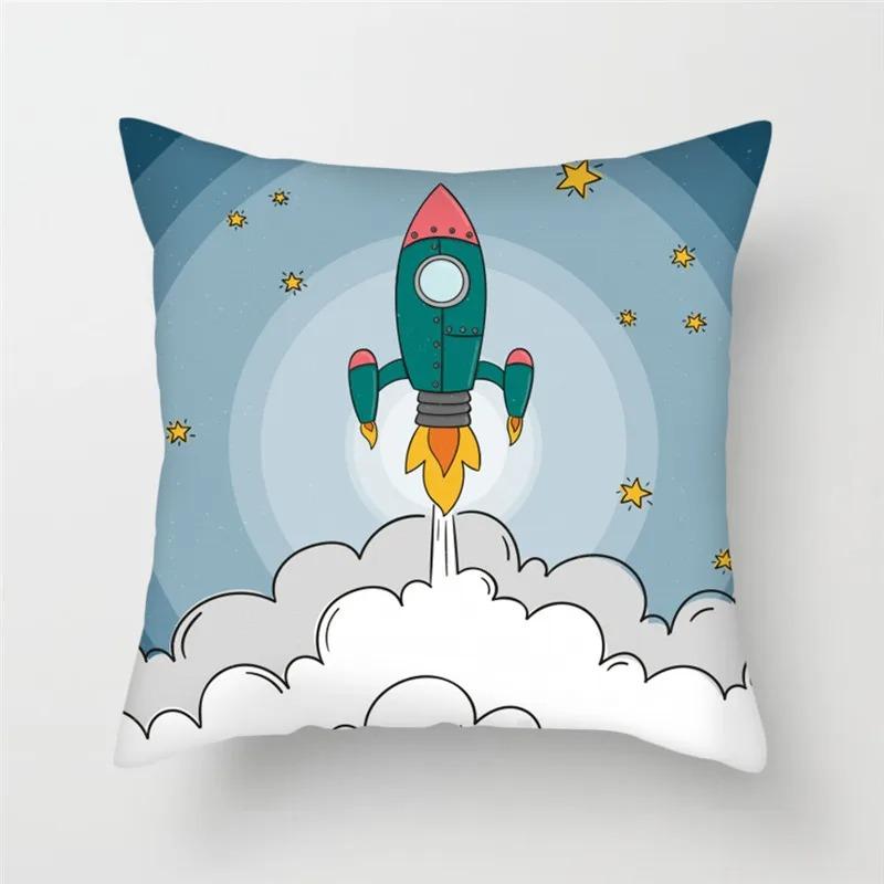 Cartoon Astronaut & Rakete Raumschiff Kissenbezug Deko Weltraum-Thema Kissenhülle für Sofa Schlafzimmer, Galaxie-Druck Kissenbezug