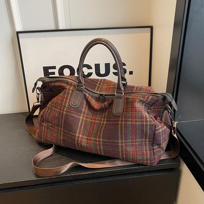 Handbag Large Capacity Women's Oversized Retro Plaid Messenger Fitness Bag, Short Business Trip Travel Luggage Bag