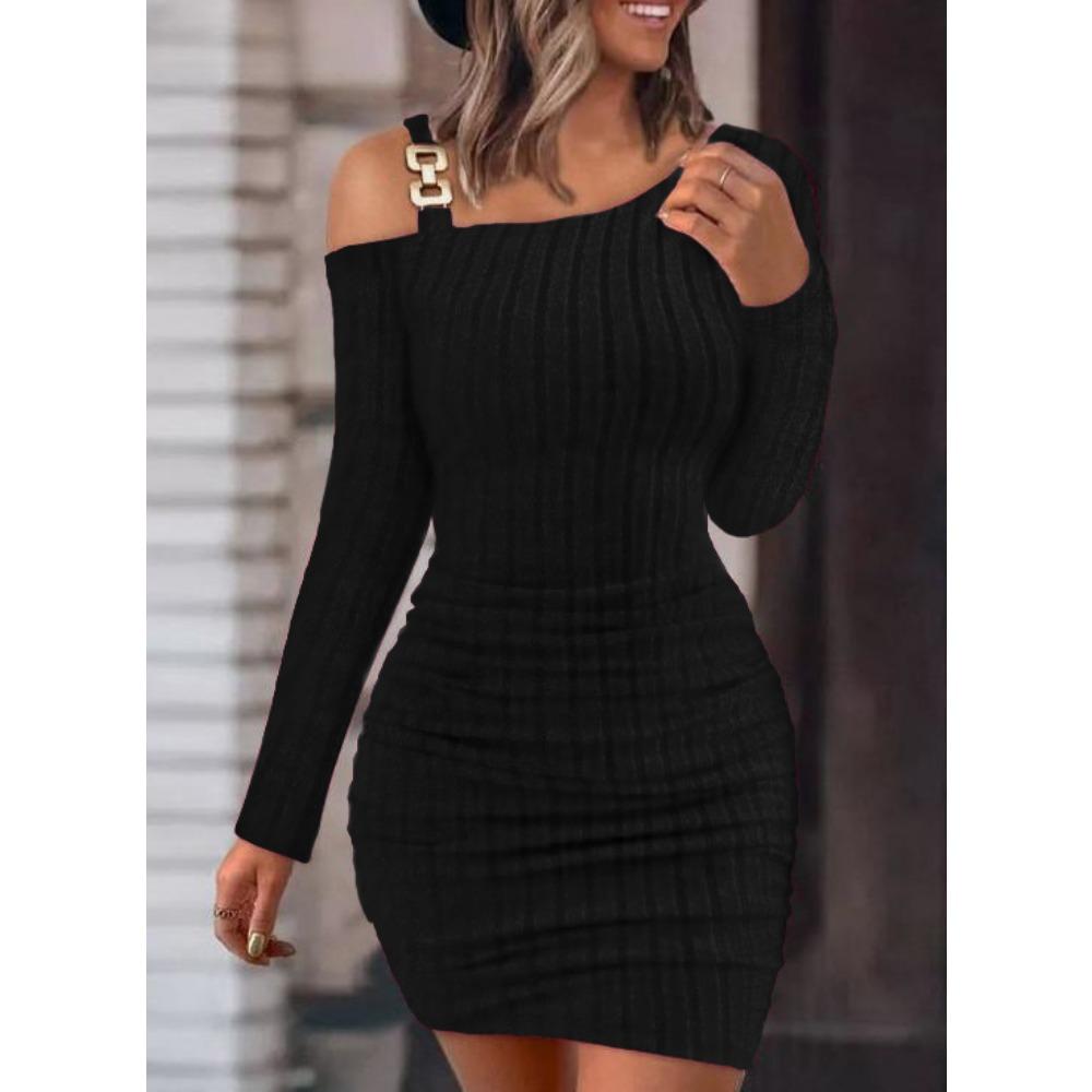 Autumn and Winter Women's Solid Colour Metal Buckle Slant Shoulder Collar Tight Package Hip Slim Sexy Long-sleeved Dresses
