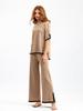 New Fashion Sweater Set Temperament Contrast Color Split Short-sleeved Knitwear + High Waist Slimming Wide-leg Trousers Long Pants Two-piece Set