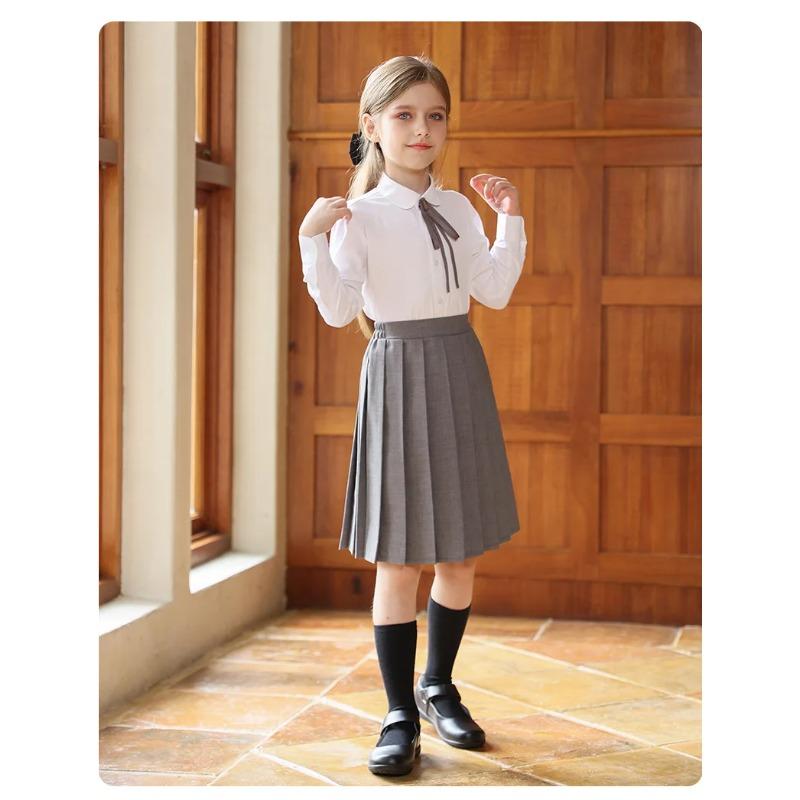 Anti-wrinkle Kids Girls Pleated Skirt Solid Color Midi Length Preppy Style Versatile Casual School Skirt for Girls Daily Wear