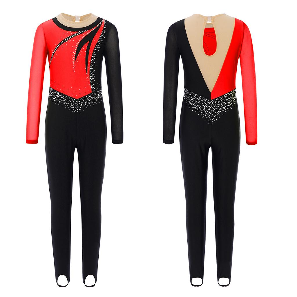 Mädchen Gymnastikkostüm Langarm Mesh Patchwork mit glänzenden Strasssteinen Schlüssellochrücken Tanz Jumpsuit